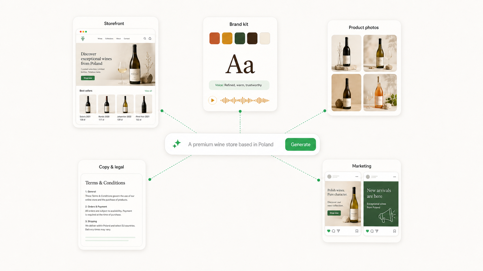 Burromart generation map: a single prompt — ‘A premium wine store based in Poland’ — fans out into a finished storefront, brand kit, product photos, copy, legal docs and marketing channels.