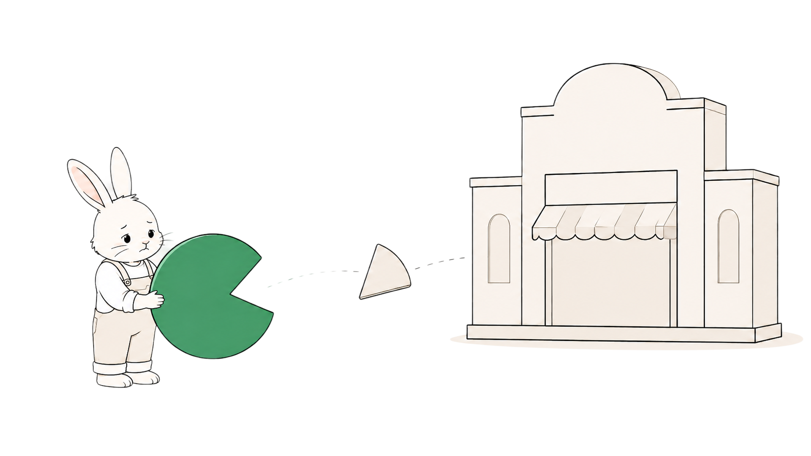 A seller hands a slice of a pie chart over to a marketplace storefront — the cut taken from every sale.